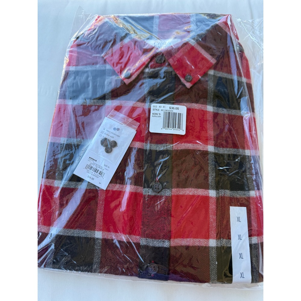 Croft & Barrow Mens XL Red Brown Plaid Flannel Button Down Shirt MC13W300RR NEW